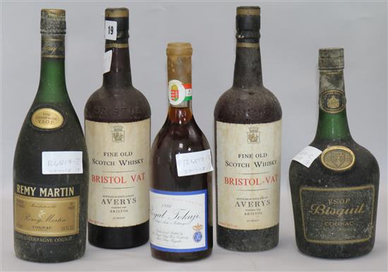 Five bottles of assorted spirits including Bristol Vat whisky and Royal Tokaji, 1996.